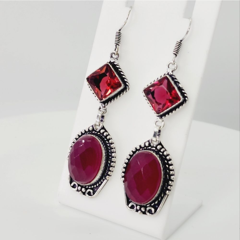 Ruby Garnet Handmade Drop Dangle Earrings Jewelry 2.6"